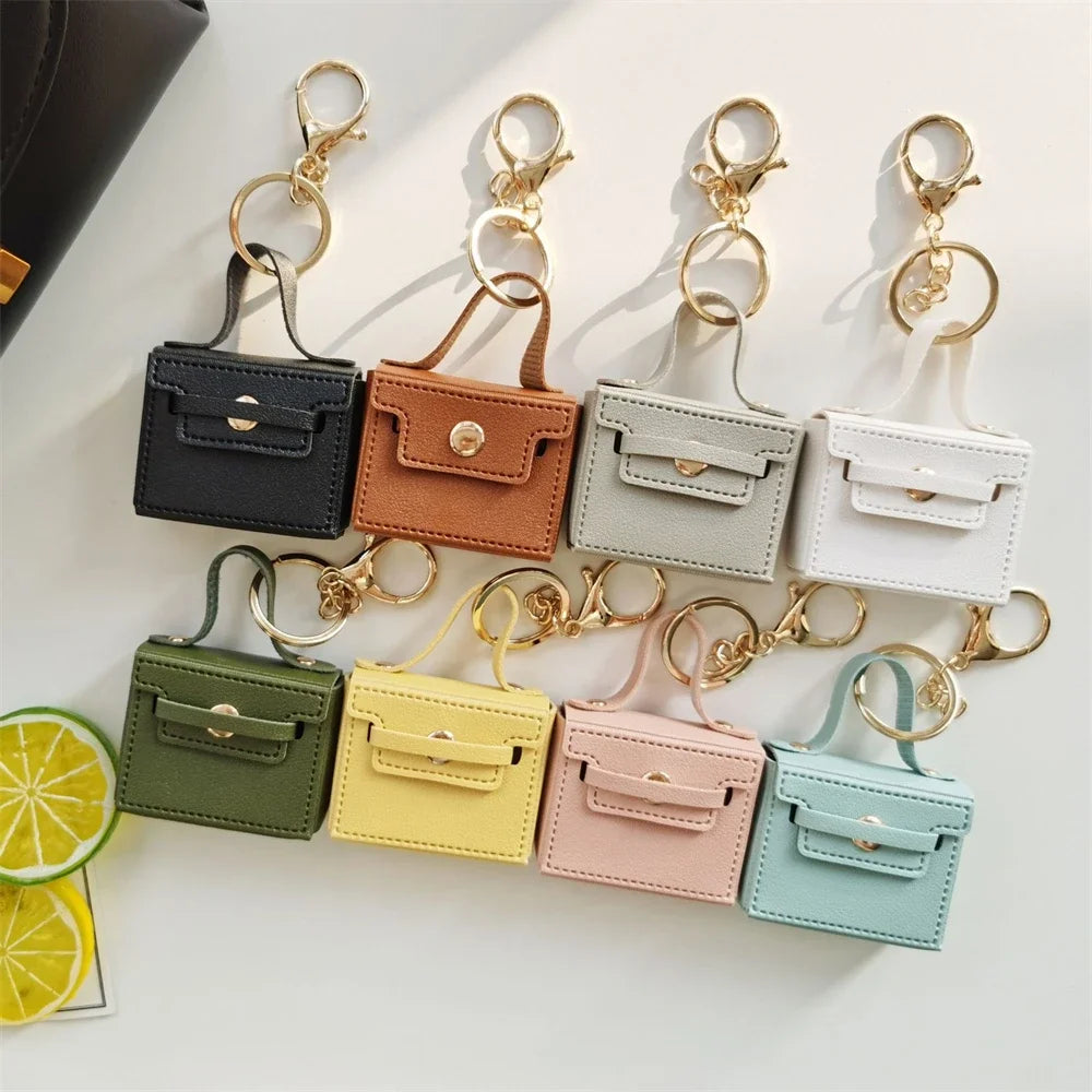 Solid Color Coin Purse Keychain Gift PU Leather Wallet Mini Bag Bag Pendant Keyrings Earphone Storage Bag Small Square Bag